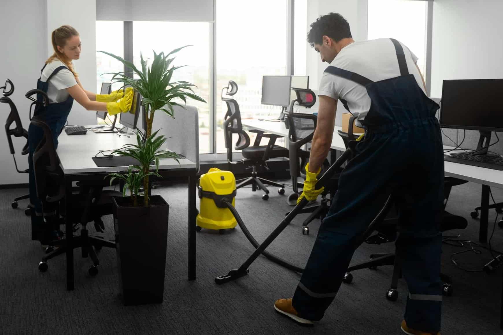 femeie și bărbat fac curățenie într-un birou, aspirator industrial galben