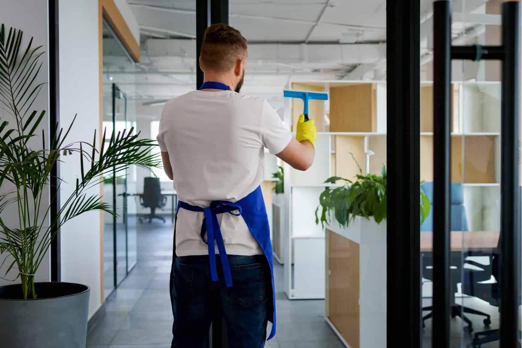 bărbat care curăță o ușă mare din sticlă, tricou alb, șort albastru