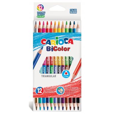 Creioane colorate CARIOCA BiColor, triunghiulare,  bicolore, 12 culori/cutie