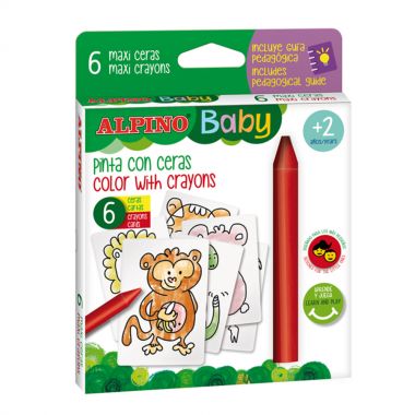 Creioane cerate,  6 culori/set, 6 carduri cu animale, pt. colorat, ALPINO Baby